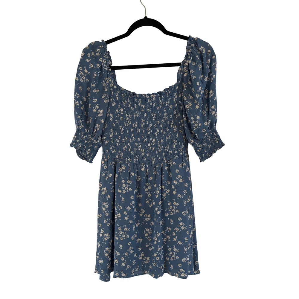 Reformation Floral Smocked Puff Sleeve Mini Dress Blue 4
